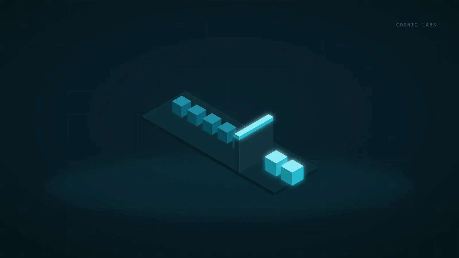 Isometric illustration of a row of small action blocks, most flowing freely, with a few heavy red blocks held back by a glowing gate in front of an outbound channel.