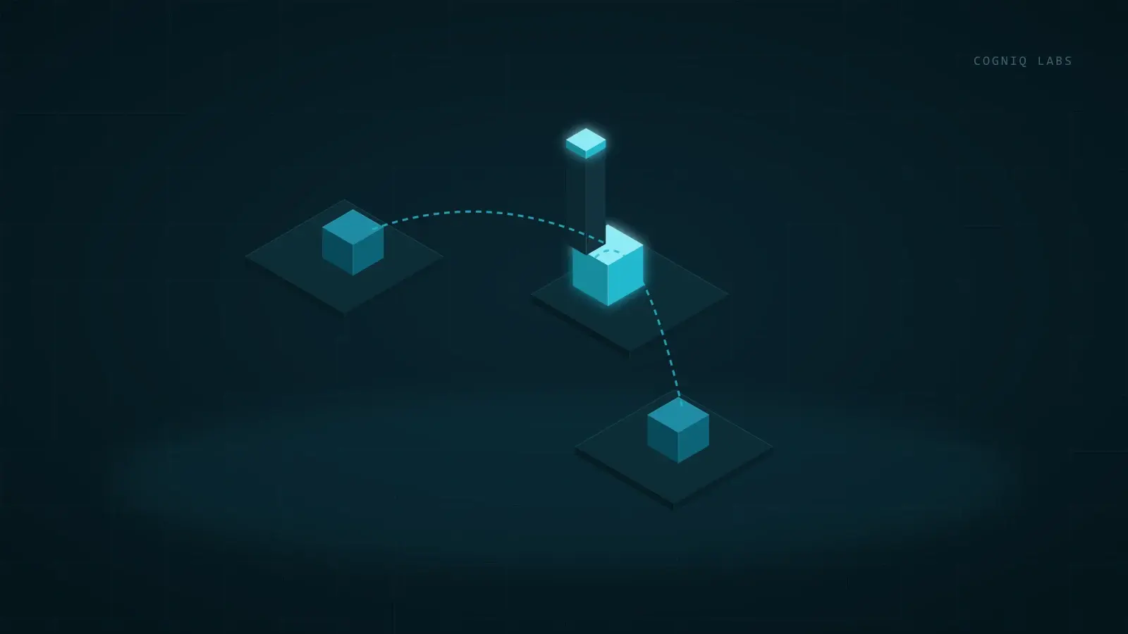 Isometric illustration of several platforms joined by handoff paths, with one agent block passing glowing work tokens to human blocks and a log tower standing at the centre.