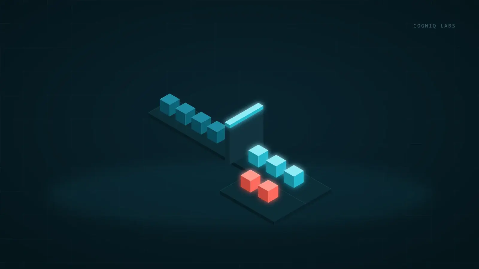 Isometric illustration of a stream of test cases passing through a glowing gate onto a scoreboard, with a few failing cases routed to a separate red tray.