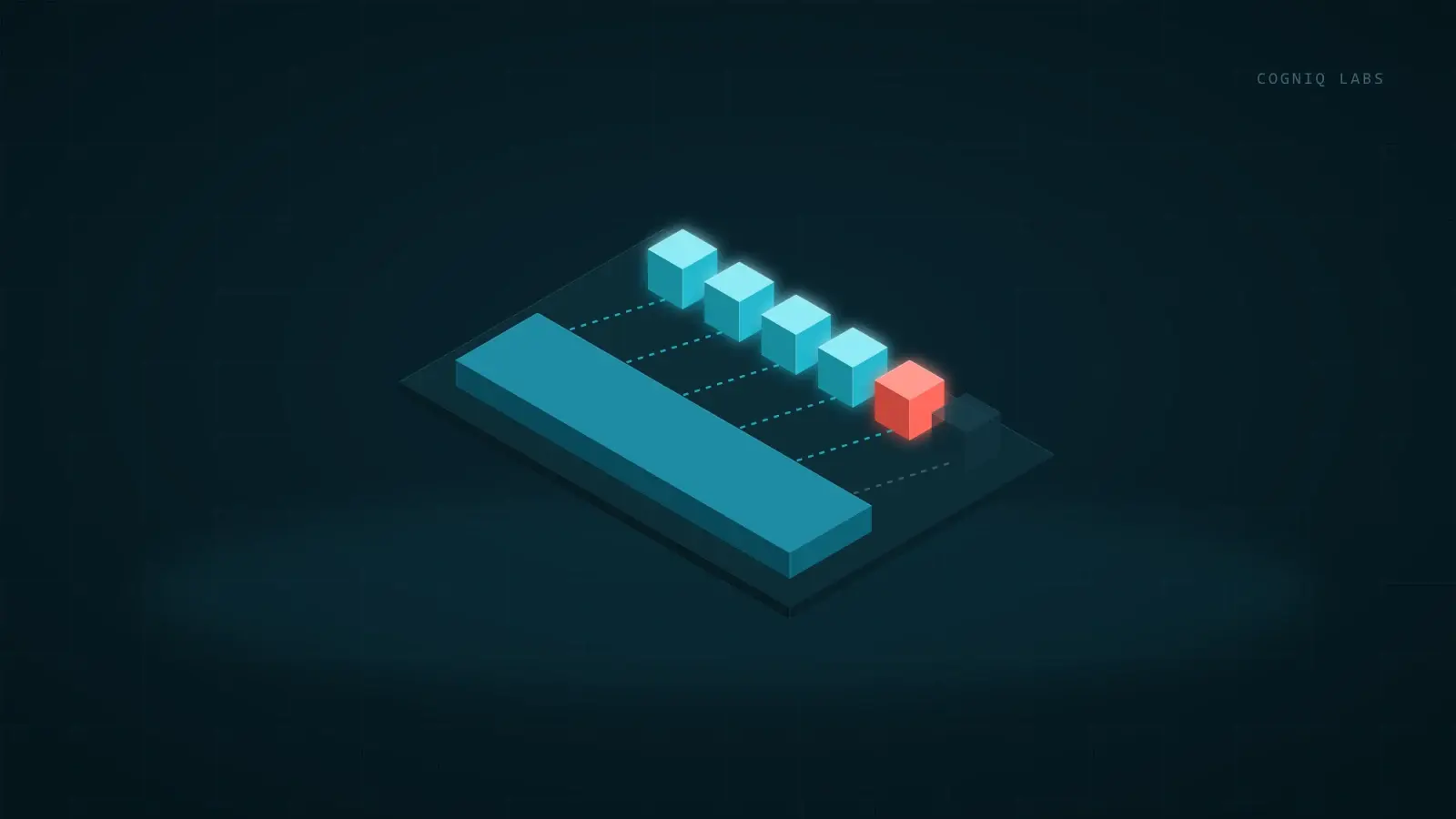 Isometric illustration of a row of small draft blocks checked by one large verifier block, with the first few accepted in cyan and the first rejected block marked in red.