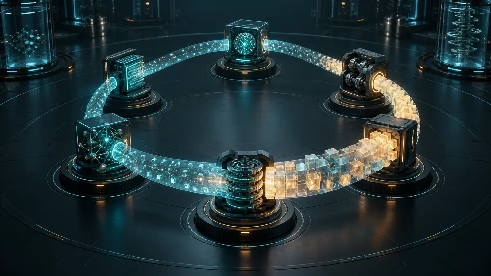Multiple agent nodes passing expanding state bundles around a glowing orchestration loop.