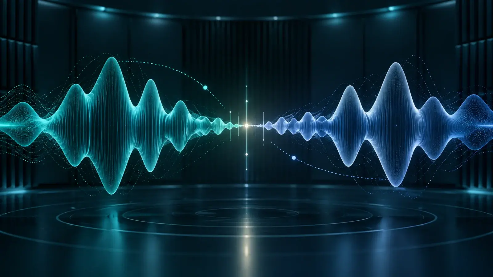Speech waveforms crossing a narrow timing gate to illustrate endpoint detection and voice-agent response latency.